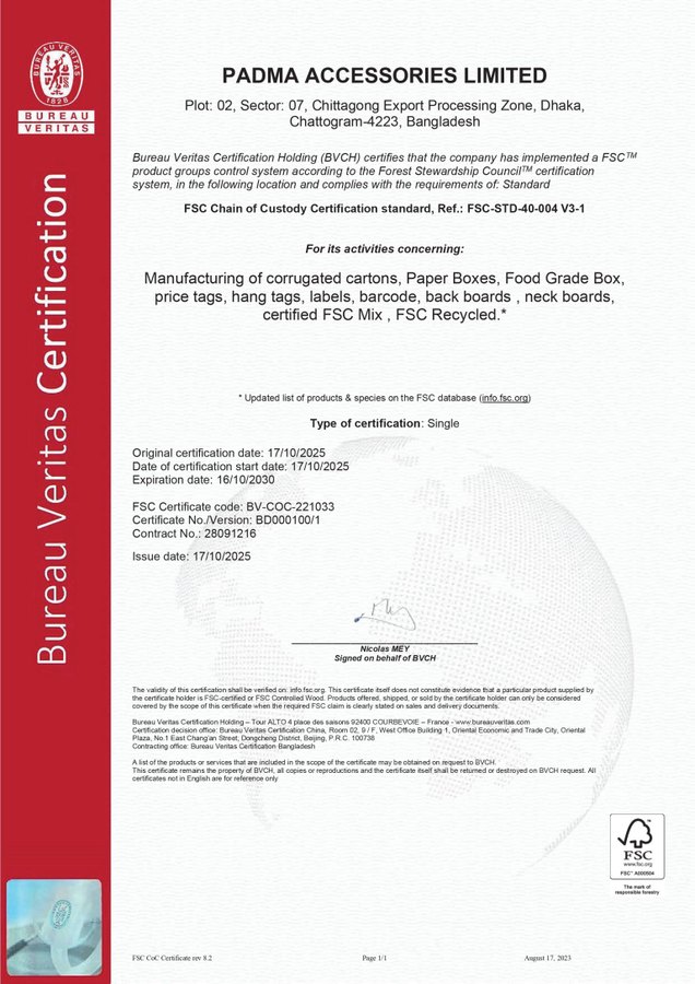 Padma Accessories FSC C221033 chain-of-custody certificate document